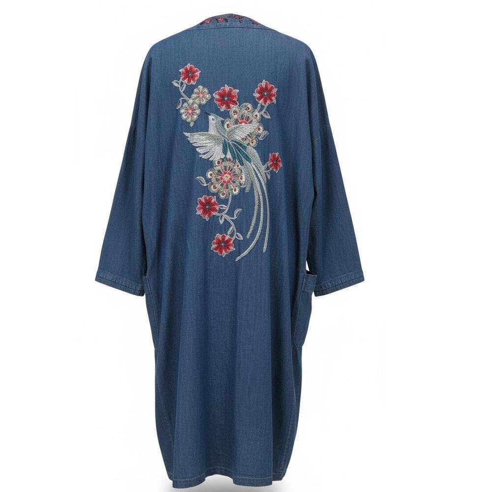 Banjara Embroidered Chambray Denim Kimono Cardigan Floral Bird Boho Medium Artsy